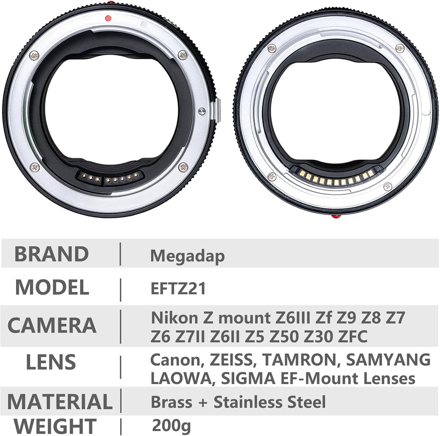Megadap EFTZ21 Autofocus Lens Adapter Built-in Electronic Aperture Compatible with Nikon Z Camera Zf Z6III Z9 Z8 Z7 Z6 Z7II Z6II Z5 Z50 ZFC for Canon EOS EF Sigma Tamron EF Series Lens (EFTZ 21)