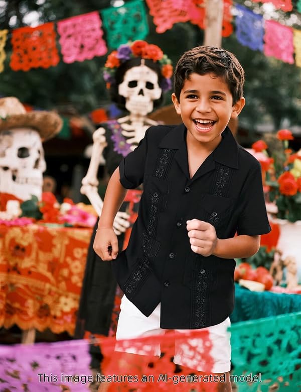 COSLAND Guayabera Shirts for Kids Cuban Shirt for Boys, Black, Small by COSLAND - Used condition - Image 6