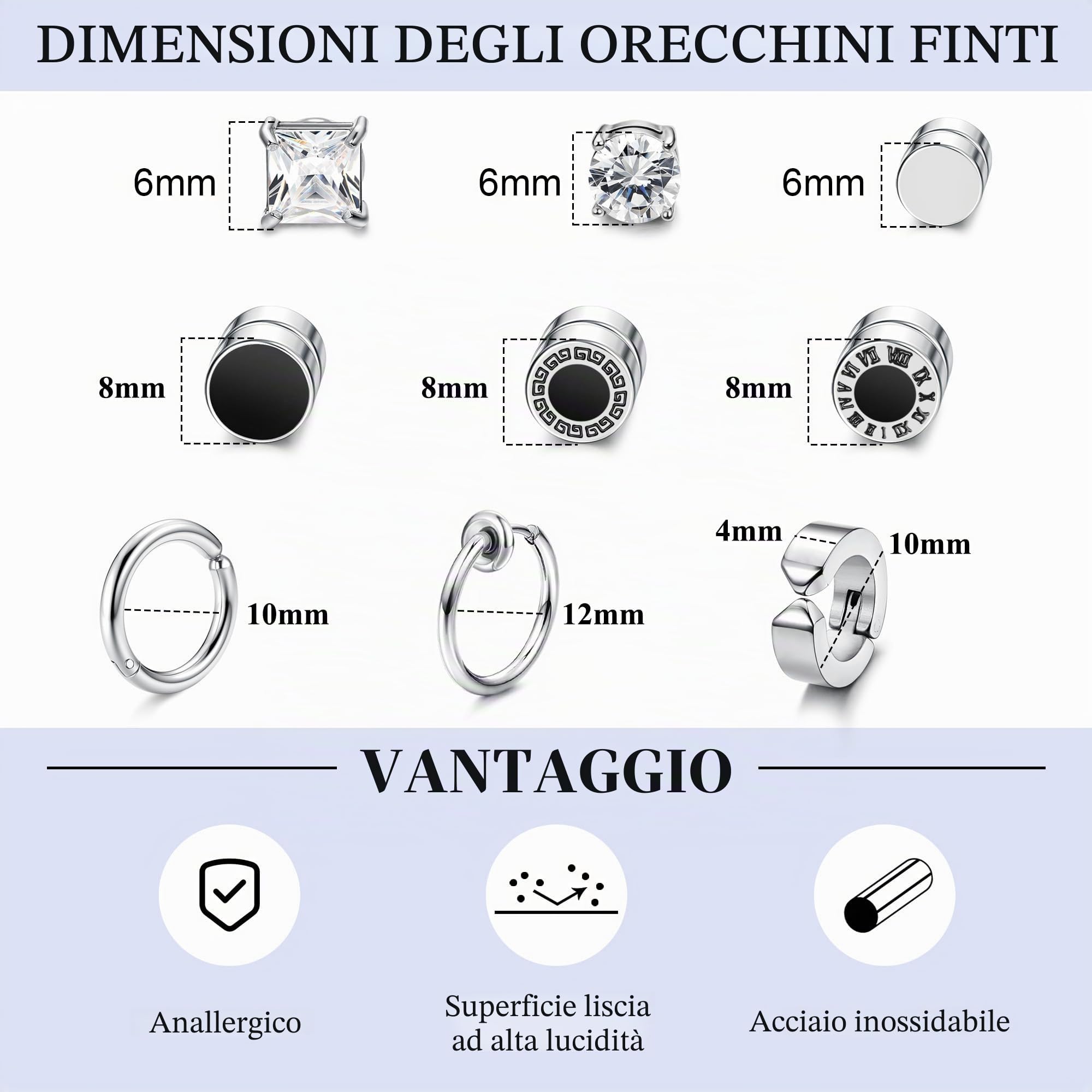 MILACOLATO 9 paia Orecchini Magnetici per Uomo Donna Argento Non Forato 316L Orecchini Magnetici in Acciaio Inossidabile CZ Magnete clip su Orecchini Finti Set Nero/Argento