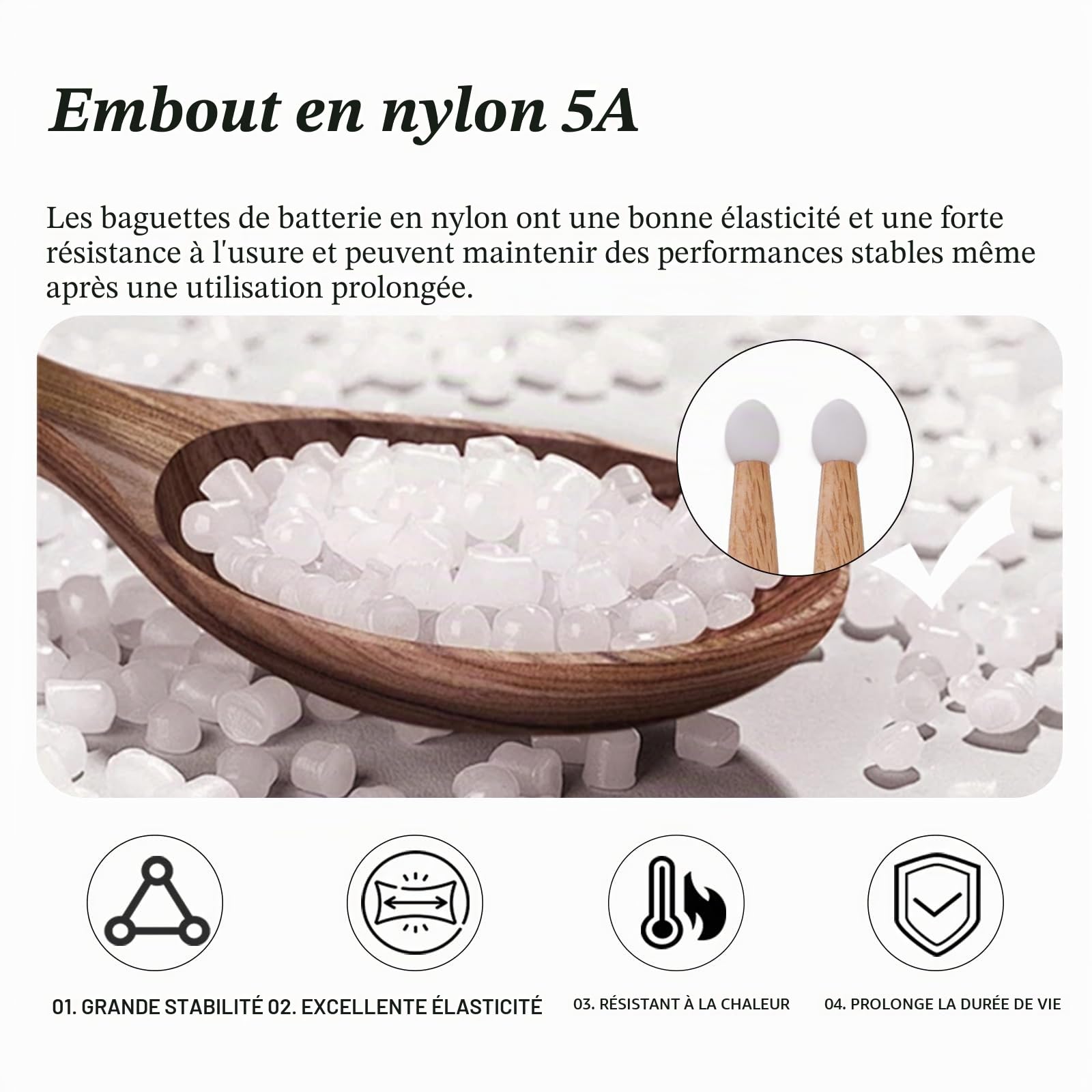 Baguette Batterie, Baguette Batterie 5A ovales en bois de chêne avec pointe en nylon pour batterie acoustique ou électronique (12 paires)