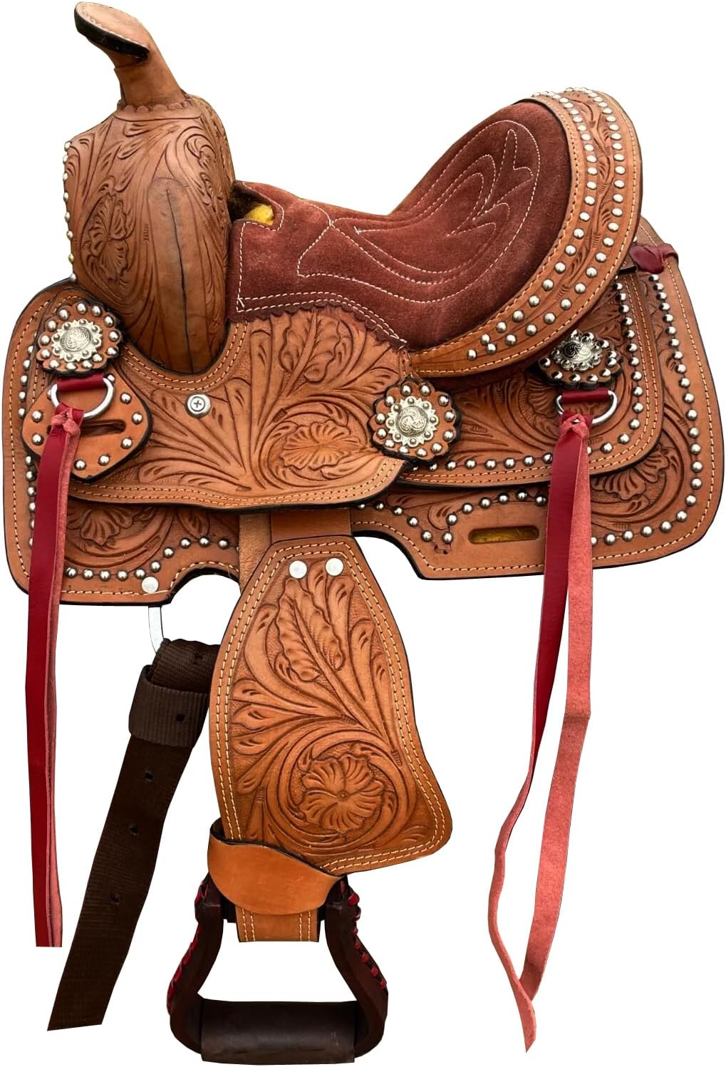 Western Miniature Horse Trail Mini Saddle Floral Tooled Tack Set Seat 8" for Kids Youth Children Light Brown Black with Headstall Breast Collar Reins