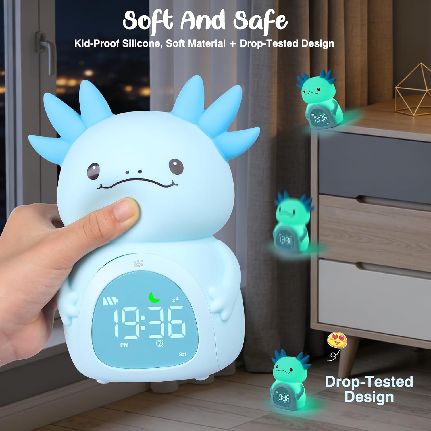 Axolotl Alarm Clock for Kids, Rechargeable Ok to Wake Clock with Night Light - BPA-Free Silicone Sleep Training Clock, Cute Toddler Wake Up Clock for Boys Girls Bedroom