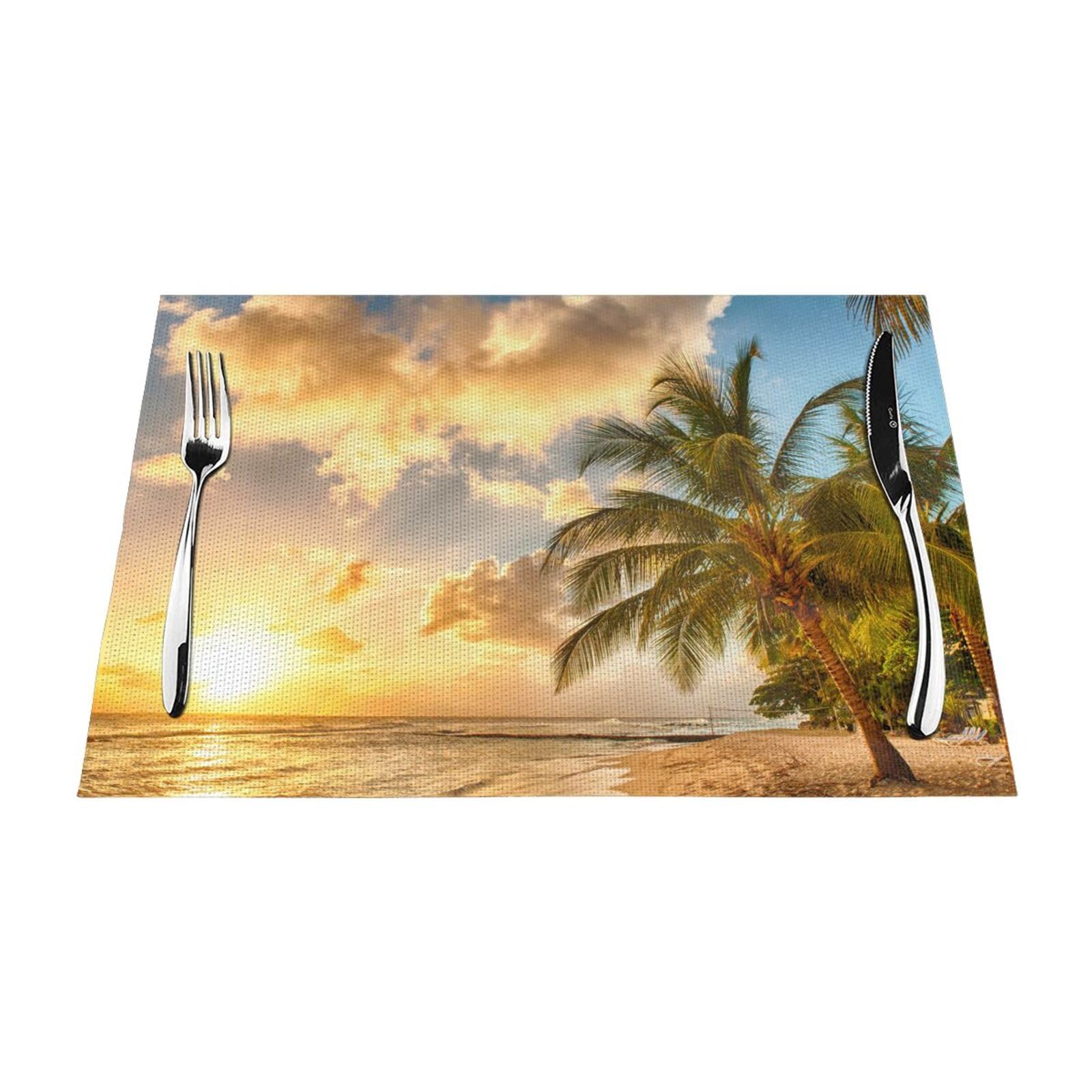 PVC Placemat Set of 4 PCS, 45x30 CM, Sunset Hawaiian Palm Tree Printed Non-Slip Heat Resistant Place Mats for Kitchen Dining Table Indoor Outdoor