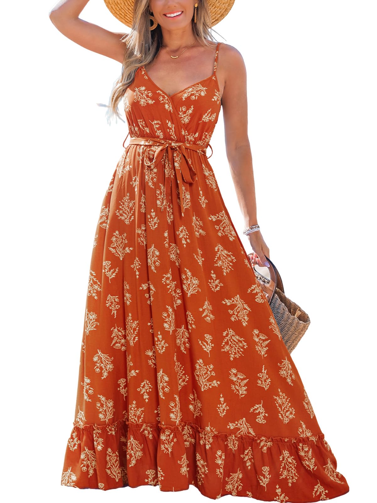 CUPSHE Robe longue pour femme avec bretelles spaghetti et col en V sans manches avec ceinture - Style bohème - Poches d'été - Vacances