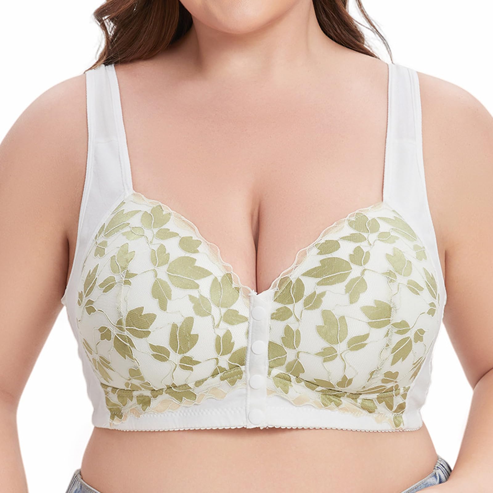 FHTECO Plus Size Bra - Big Busted Women's Lace T-Shirt Bra with Front Close and Underwire