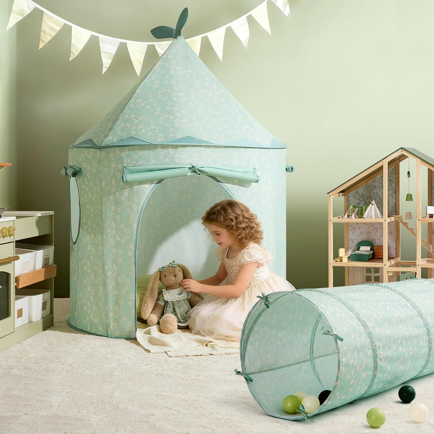 Tiny Land Kids Play Tunnel for Toddlers and Baby, Foldable Pop Up Crawl Tunnel with Storage Bag for Indoor and Outdoor Play, 69 x 18 Inch, Green, Gift for 2 Year Old Girl and Boy