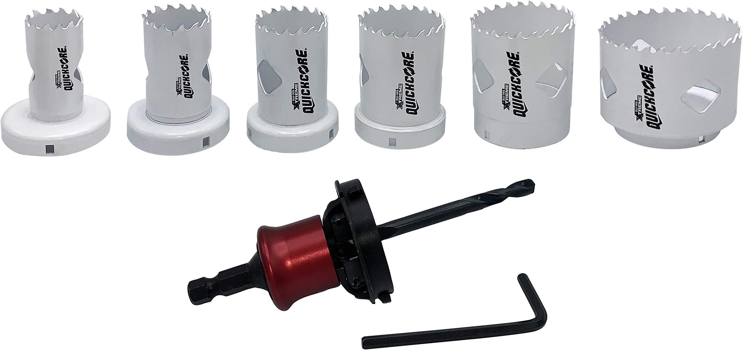 Disston QuickCore 7 pc Set - 1 Each: 1", 1-1/4", 1-1/2", 1-3/4", 2", and 2-1/2" Hole saws, Arbor with a Pilot Drill bit, Hex Key