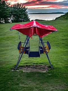 مجموعة مرجيحة بمقعدين للأطفال الصغار للعب في الأماكن الداخلية والخارجية بمقعد أمان قوي وحامل معدني قابل للطي سهلة التجميع والتخزين في المنزل مع مظلة شمسية