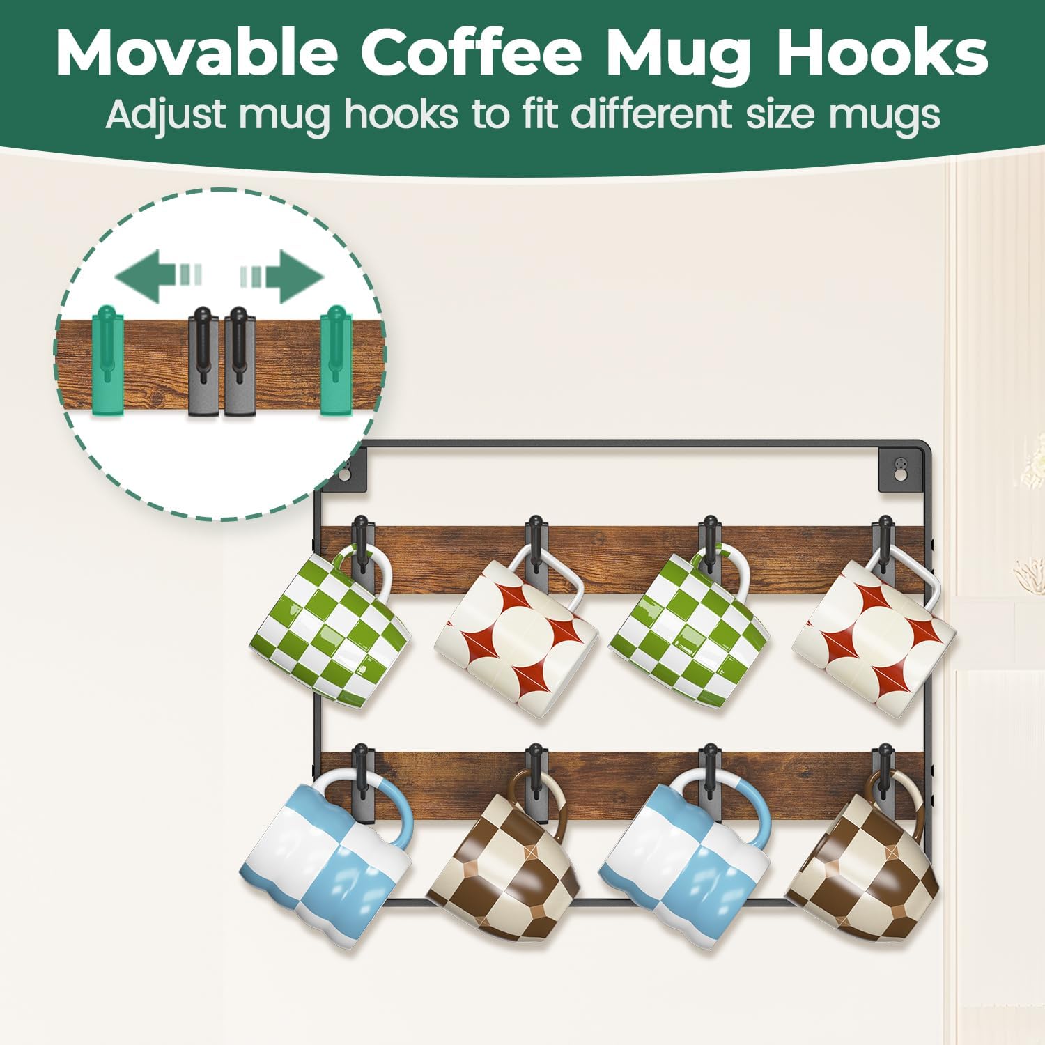 EsLuker.ly Mug Holder Hanger Rack Wall Mounted Wooden 4 Pack Coffee Cup Storage Organizer Display Shelf with 32 Movable Plastic Hooks, Ideal for Mug Collectors