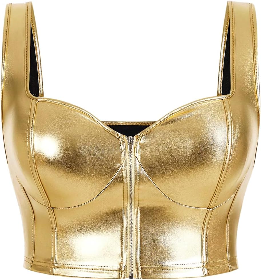 BEAUDRM Women's Plus Size Zip Up PU Leather Wide Strap Crop Cami Top Sleeveless Slim Fit Tank Top