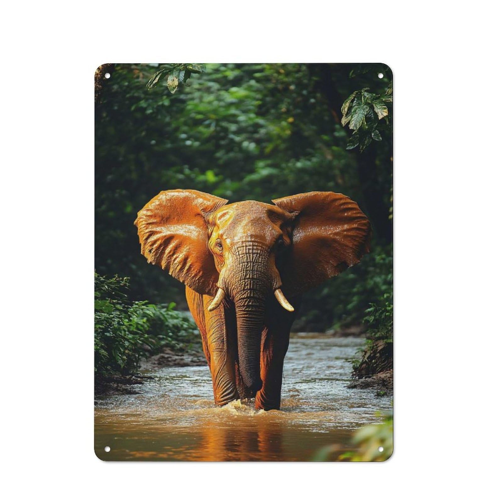 Elephant Wading through River in Jungle Rustic Tin Sign 40x30cm for Garage Or Workshop, with Clear Rustic Wall Decor Character
