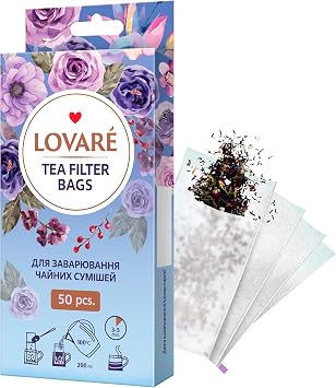 LOVARE Hot & Iced Tea Filter Bags, 50 Pack - Paper Tea Bags for Loose Leaf Tea and Coffee - Compact Empty Tea Bags for Loose Tea - Easy to Use Fillable Tea Bags for Loose Tea