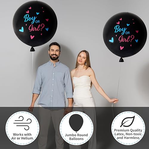 Miniatura 3 de RUBFAC Kit de globos de revelación de género, 2 globos negros grandes de 36 pulgadas para bebé niño o niña con confeti de papel en forma de corazón,