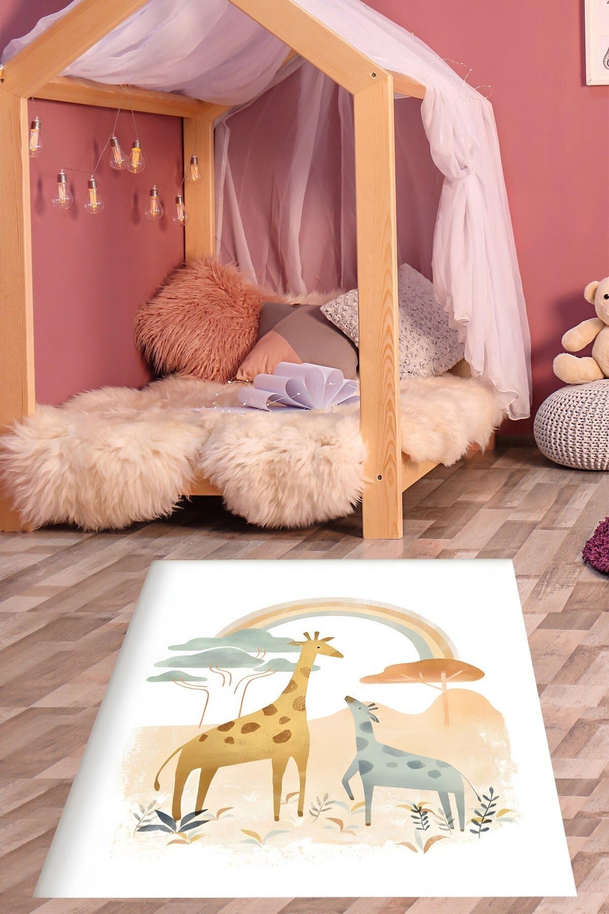 Pelangi Gökkuşağı Zürafa Safari Pastel Renkli Yıkanabilir Kaymaz Taban Leke Tutmaz Çocuk Odası Halısık, Somon-Mavi 40 x 40, 764203140401