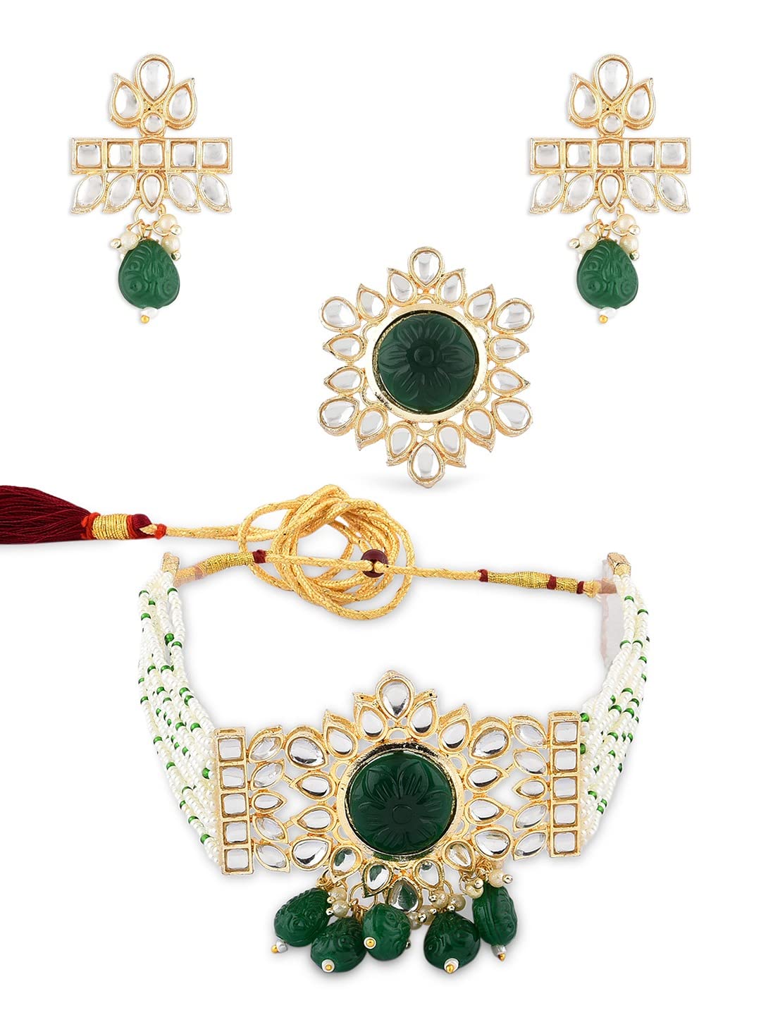 ZAVERI PEARLS Green Stones & Beads Multistrand Choker Necklace Earring & Ring Set For Women-ZPFK18814 (B0DCSLSWSR) Amazon Price History, Amazon Price Tracker