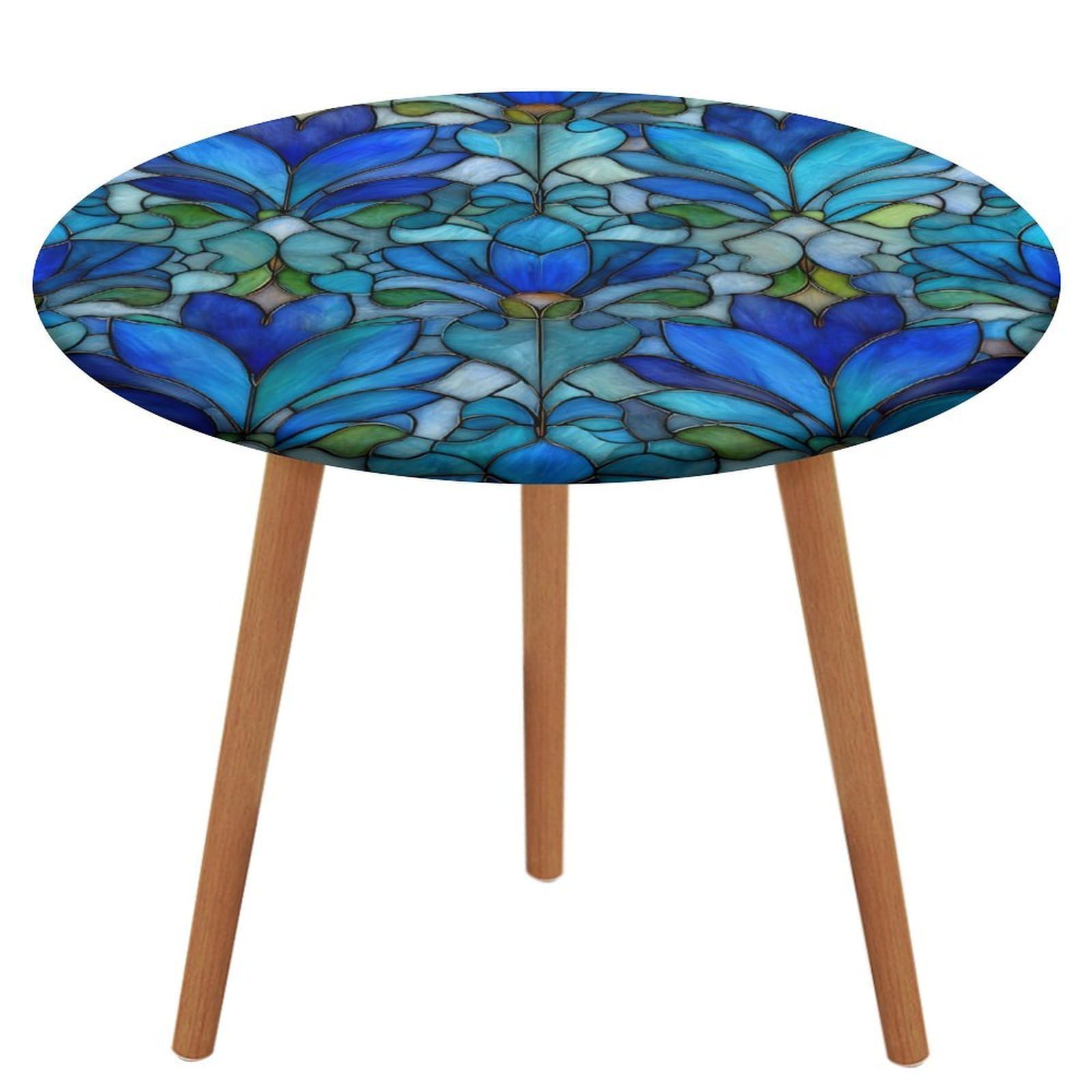 Jubonexis Blue Stained Glass Floral Plants Pattern Round Tablecloth,Waterproof Elastic Fitted Table Covers for Picnic Camping Dining 130 Cm
