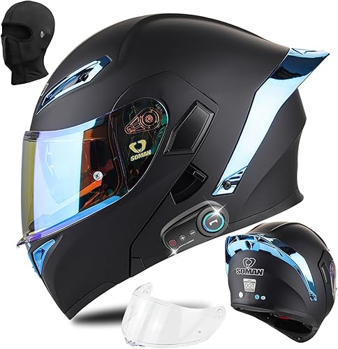 Casco de motocicleta Bluetooth, aprobado por DOT, capucha de doble cara, tipo flip tipo micrófono integrado con doble altavoz, adecuado para