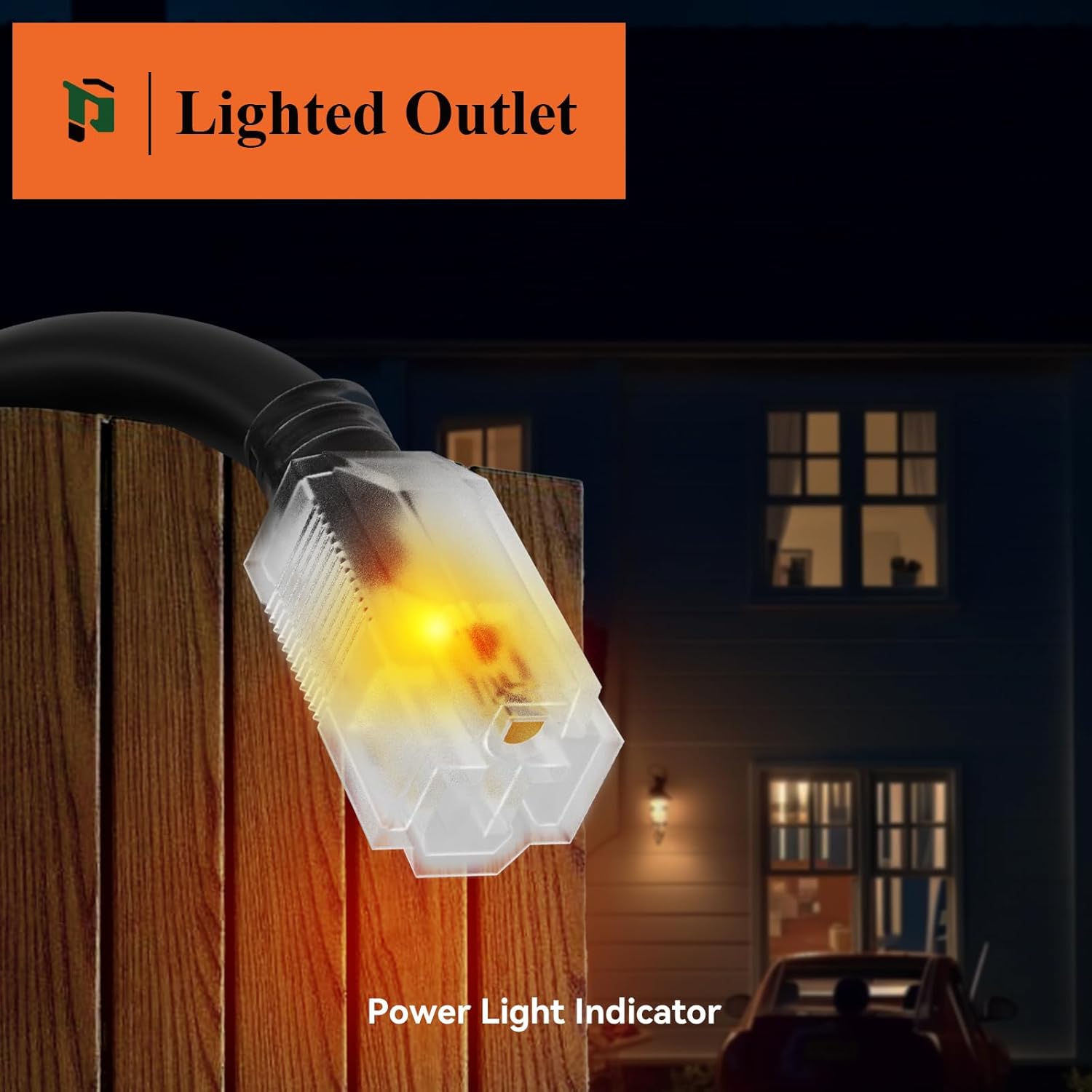 PLUGTUL 10 Gauge Extension Cord 50FT, Black Outdoor Extension Cord with Lighted End, Heavy Duty,15A 1875W SJTW, ETL Listed