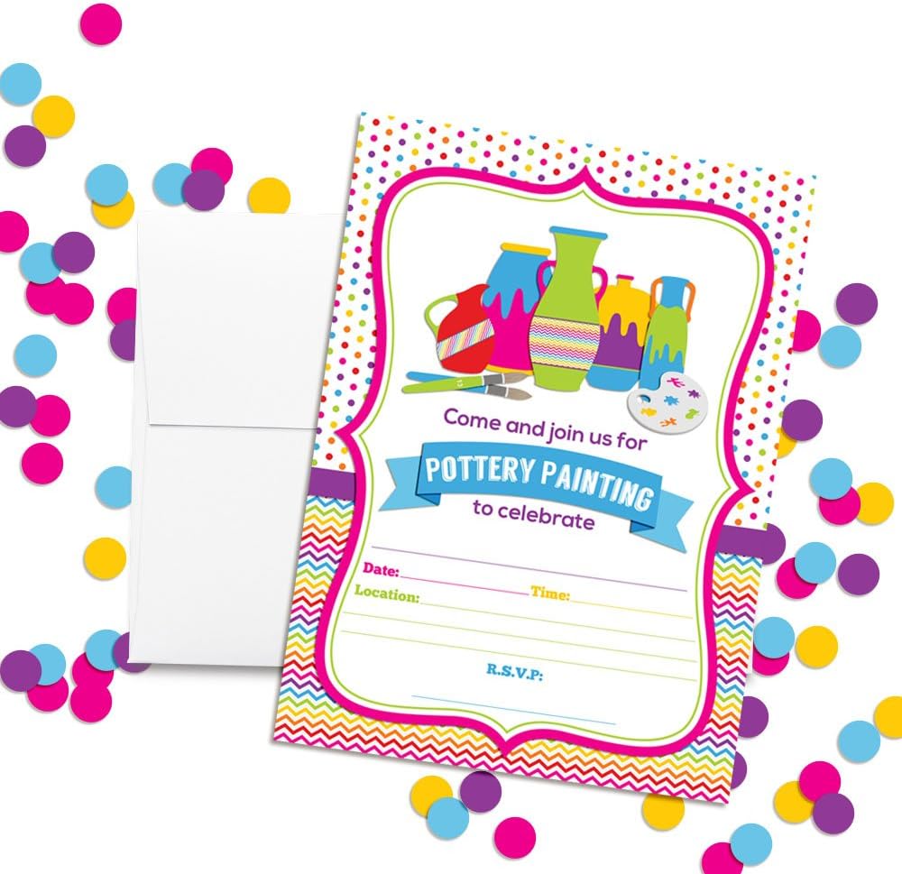 Pottery Painting Party Fill In Birthday Party Invitations, 20 5x7 Fill In Cards with Twenty White Envelopes by AmandaCreation
