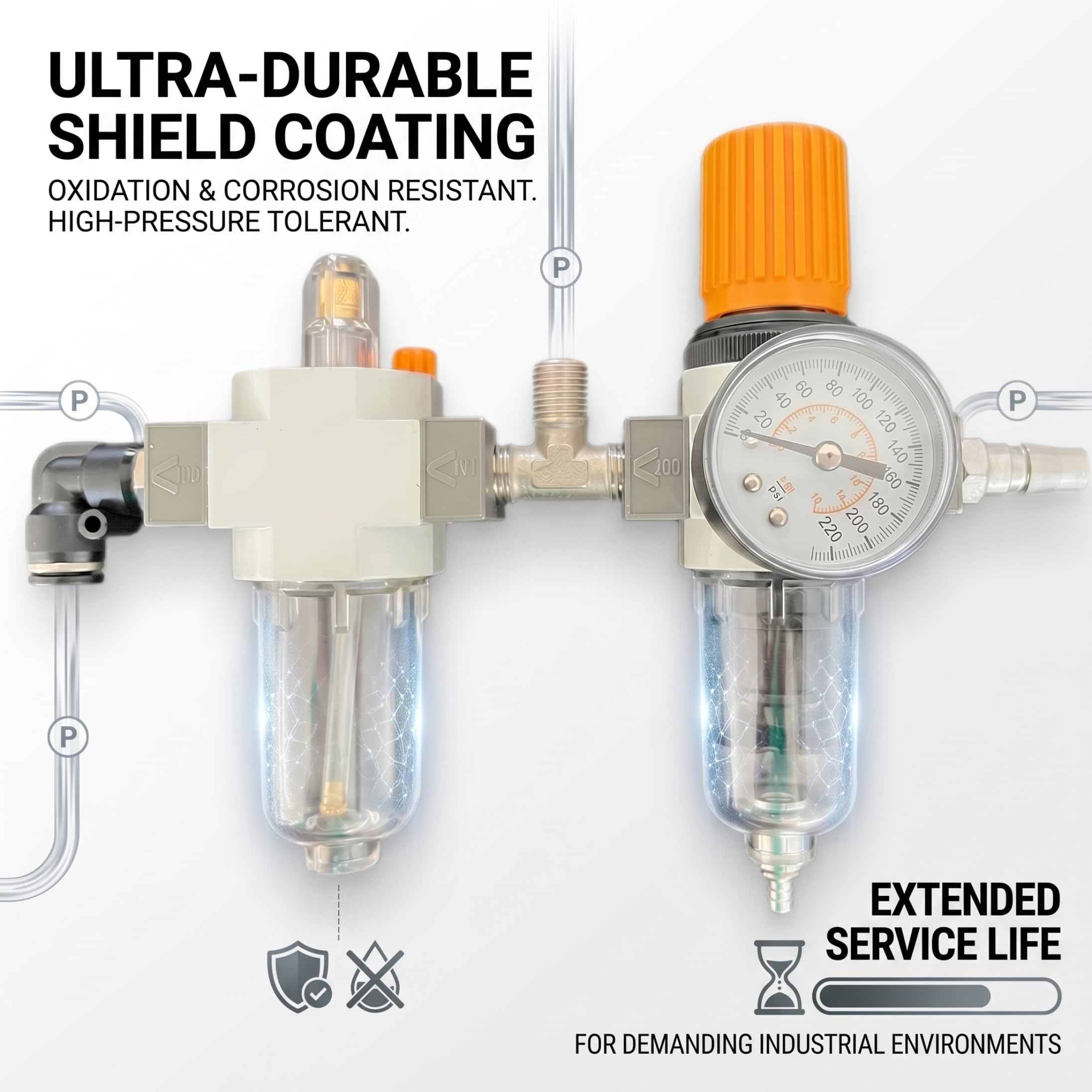 Regulador de presión de aire en línea, regulador de presión de agua con manómetro - Accesorio para cambiador de neumáticos, 1/4 Npt, plateado