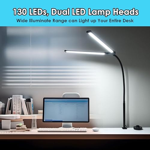 Miniatura 4 de CeSunlight Lámpara LED de escritorio con dos cabezales, lámpara de escritorio con abrazadera, 24W, 4000 LMS, CRI90, 5 modos de color (2600K-6500K),
