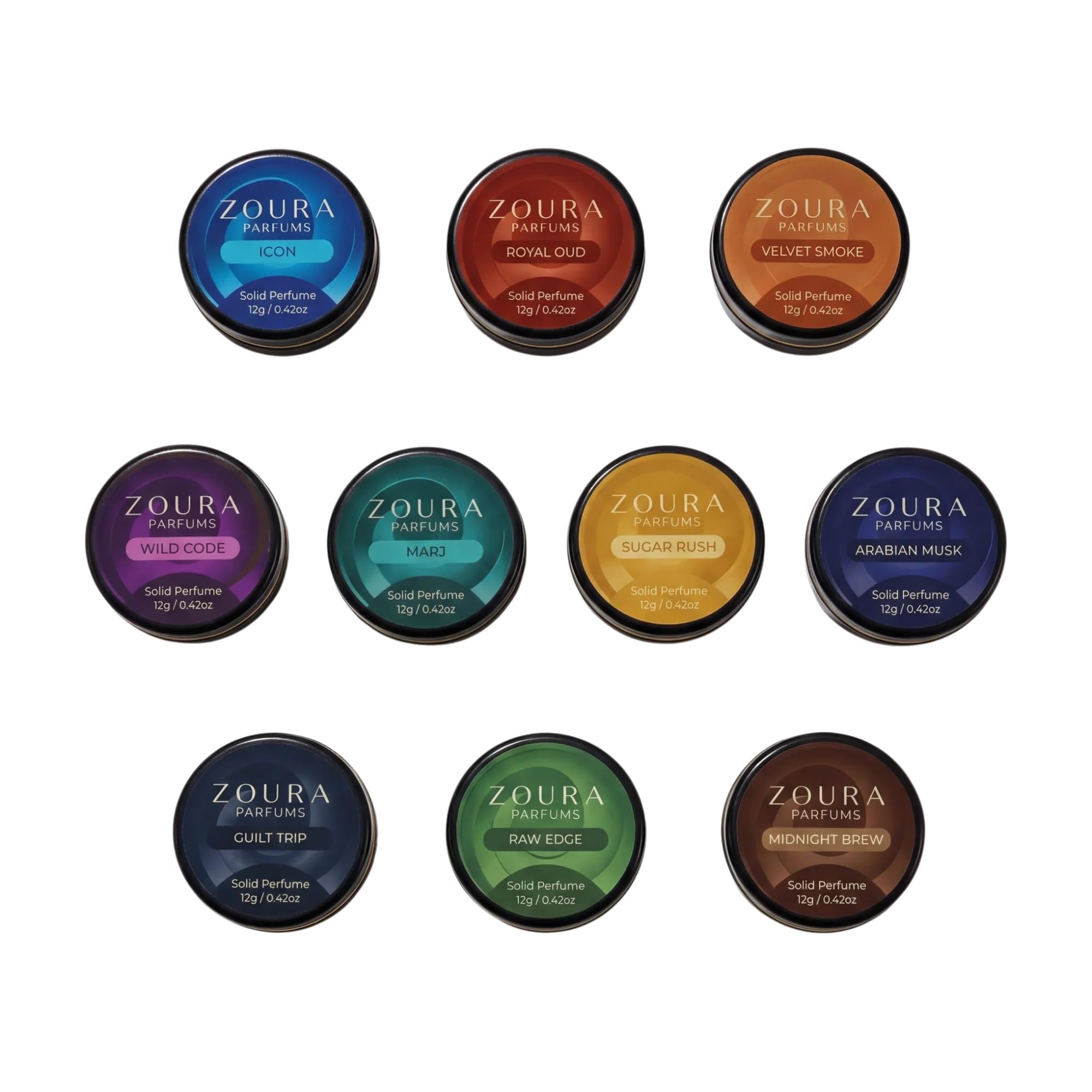 ZOURA Complete Solid Perfume Collection Set of 10 Unisex Scents | Alcohol Free Long Lasting Fragrance Balm Kit | Pocket Friendly Travel Perfume | Skin Safe Natural Wax Based Perfume (8g Each)-image-15