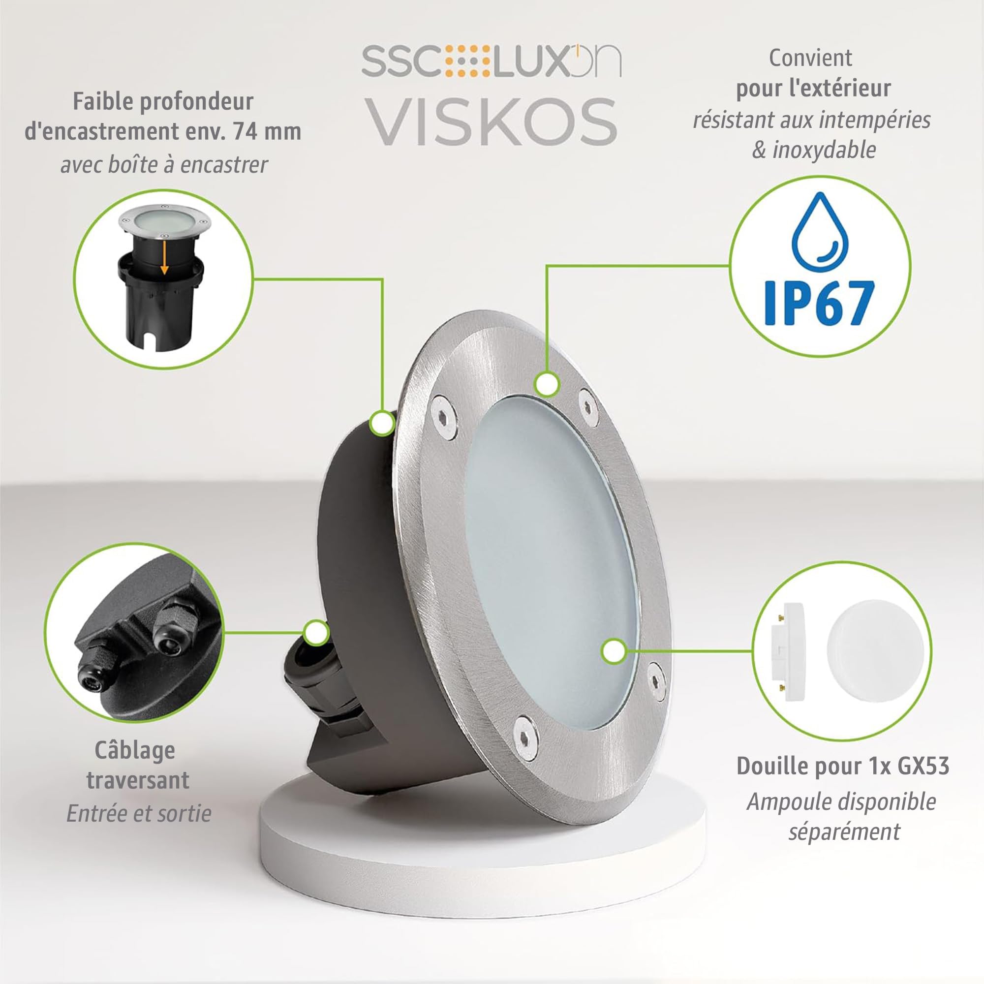 SSC-LUXon spot encastrable sol exterieur plat IP67 GX53 verre clair ou depoli befahrbar lot de 4 230V