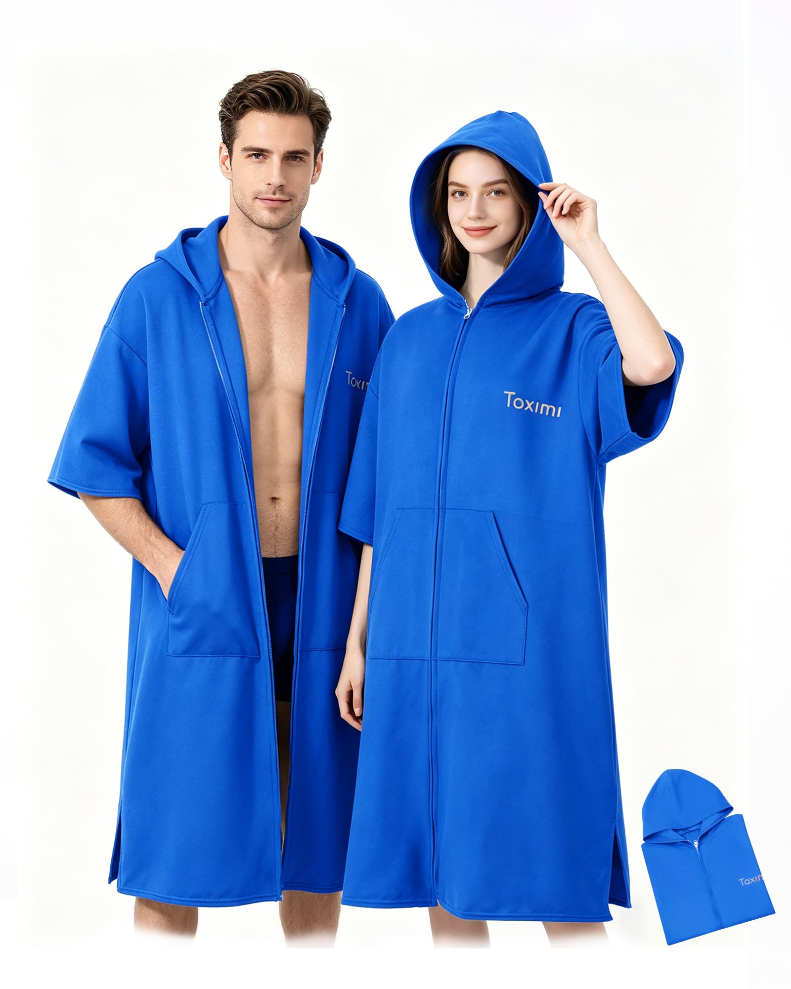 Taximi Badeponcho Damen und Herren, Mikrofaser Bademantel mit Reißverschluss, Schnelltrocknend & Leicht, Umziehponcho für Strand, Schwimmbad & Wassersport (Königsblau)