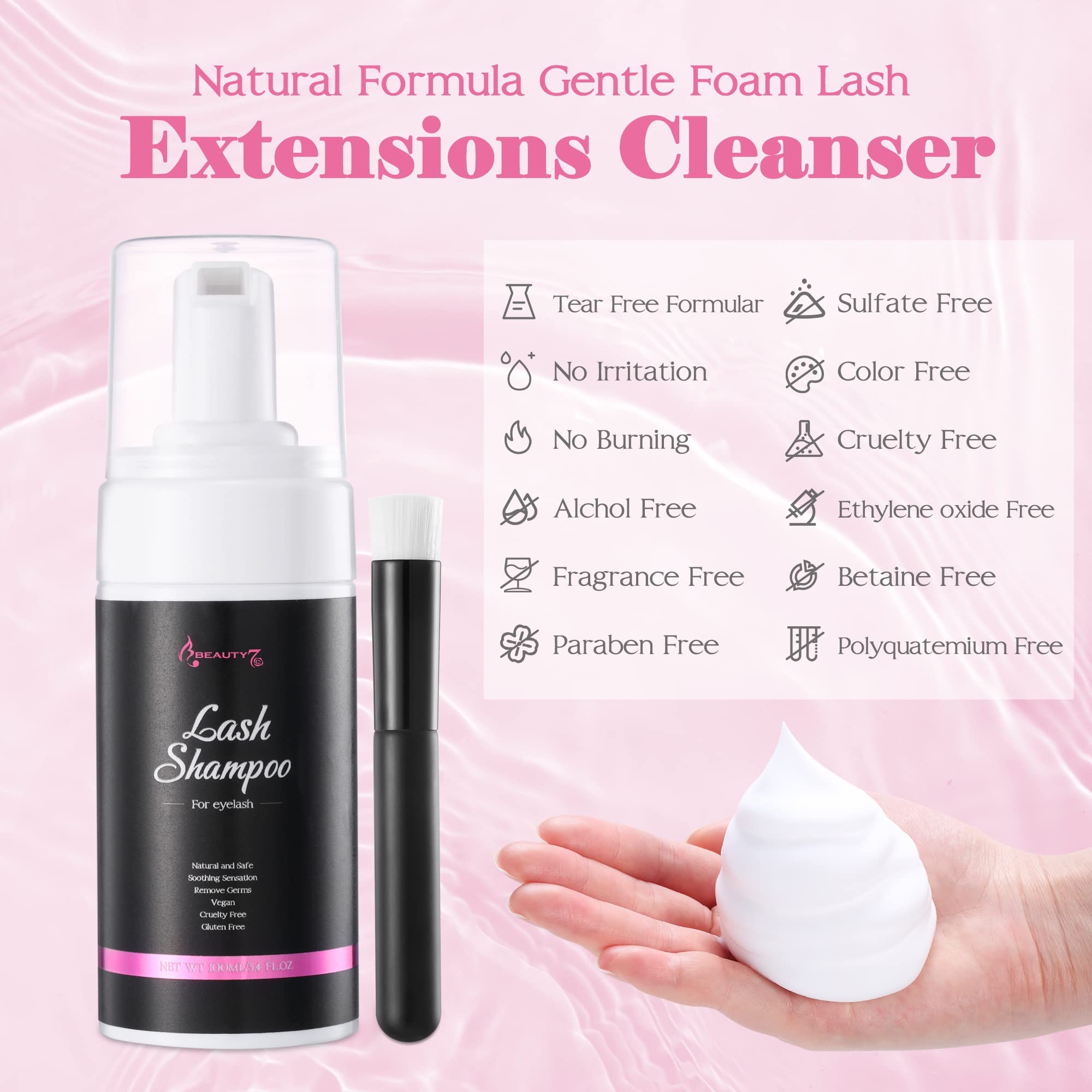 100ml Shampoo per Ciglia Extension Detergente in Schiuma per Ciglia con Spazzola Beauty7