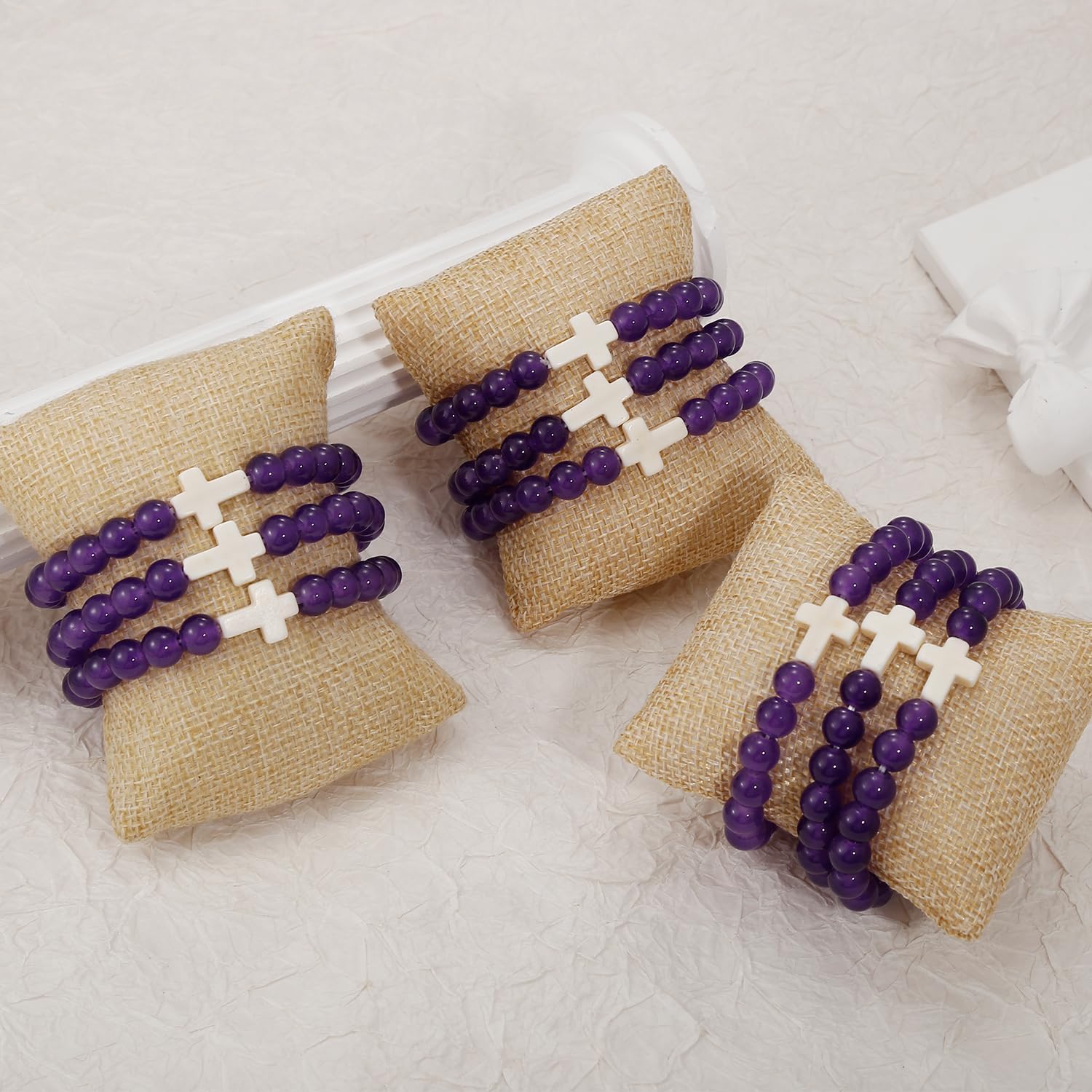 COLOYAN 9Pcs Cross Natural Stone Bracelets for Women, 8mm Stone Beaded Cross Bracelet for Mother Grandma Wife, with 9 Meaningful Card Inspirational - Image 3