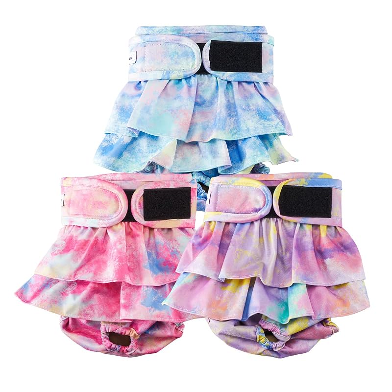 Fralda reutilizável para cadelas com forro absorvente VUNCESSIN B01S, Tie-Dye Multicolor, Pacote com 3