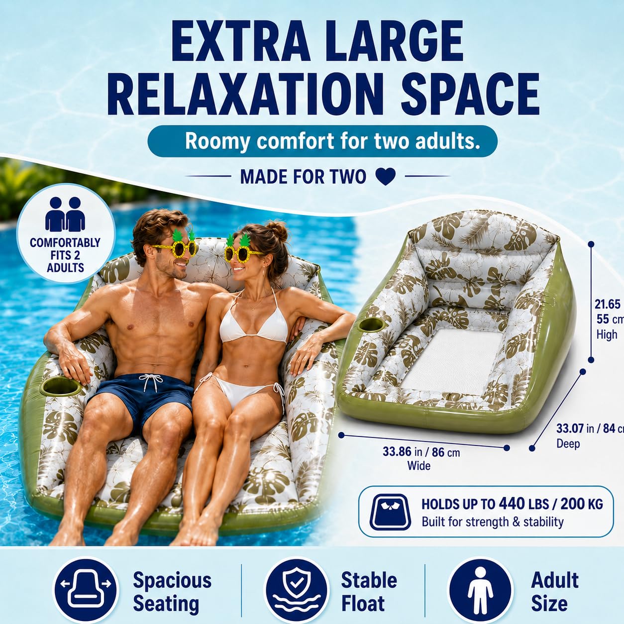 Generisch Inflatable Pool Lounge Chair,Aufblasbarer Pool-Liegestuhl, Can Be Used By Two People 3-In-1 Inflatable Pool Lounge Chair, Floating Chair for Party Summer Water Beach Lake Fun (Grün)
