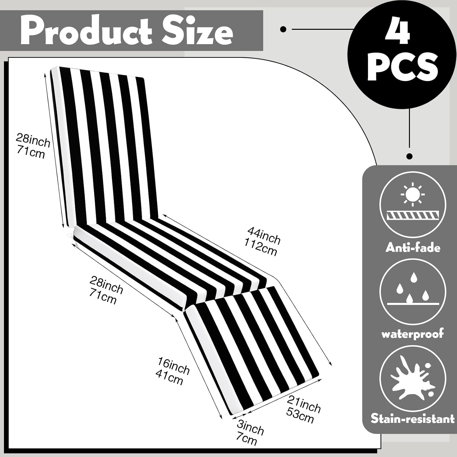 Pinkunn Chaise Lounge Cushion Waterproof Outdoor Lounge Chair Cushions 21 x 72 x 3 Inch Bench Seasonal Replacement Cushions for Summer Patio Bench Pool Beach (Black and White,4 Pcs)