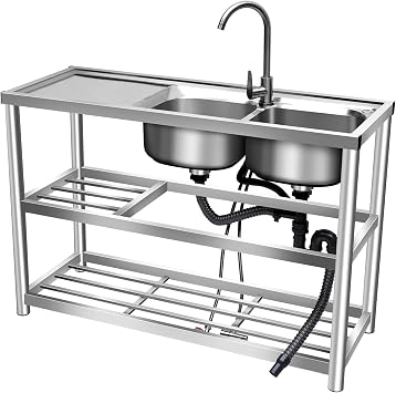 Commercial Utility Sink, 2 Compartment Stainless Steel Kitchen Prep Table Utility Sink Set with Faucet and Drainboard, Free Standing Double Bowl Kitchen Sink with Workbench