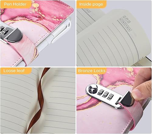 Vista 3 de Diario con cerradura con contraseña A5 de cuero sintético, con combinación de bloqueo, cuaderno tipo diario con bloqueo