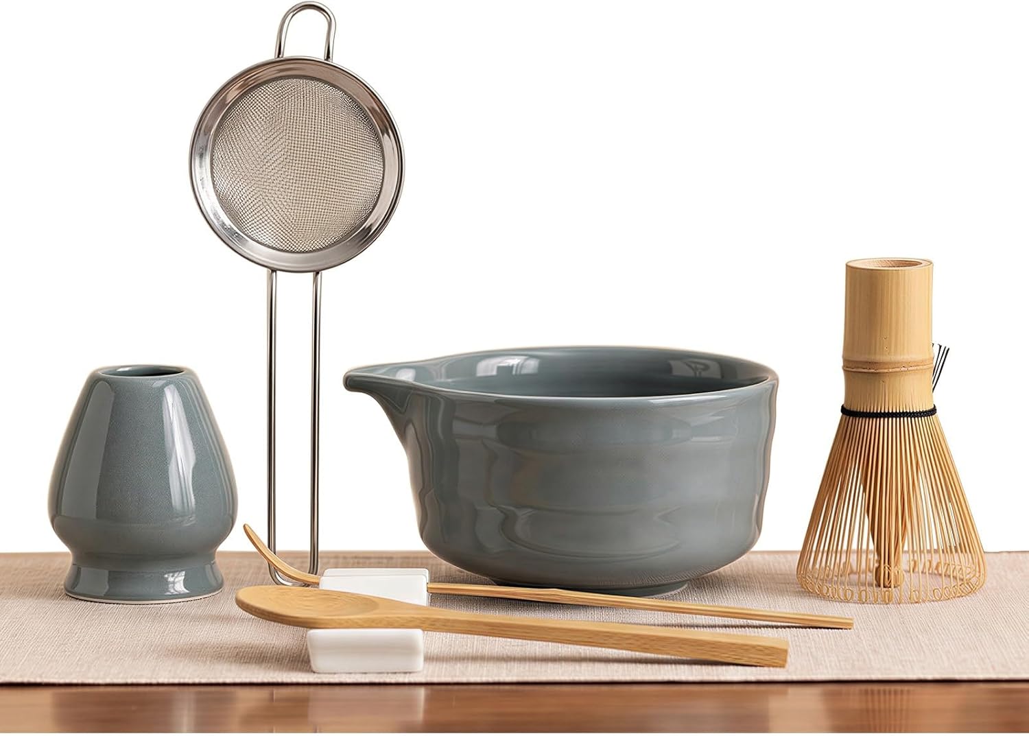 YOLIFE 7 Pcs Matcha Whisk Set, Includes Matcha Bowl with Spout, Bamboo Whisk (Chasen) with Ceramic Holder, Scoop and Powder Spoon, Sifter, Matcha Kit for Ceremony (Gray)