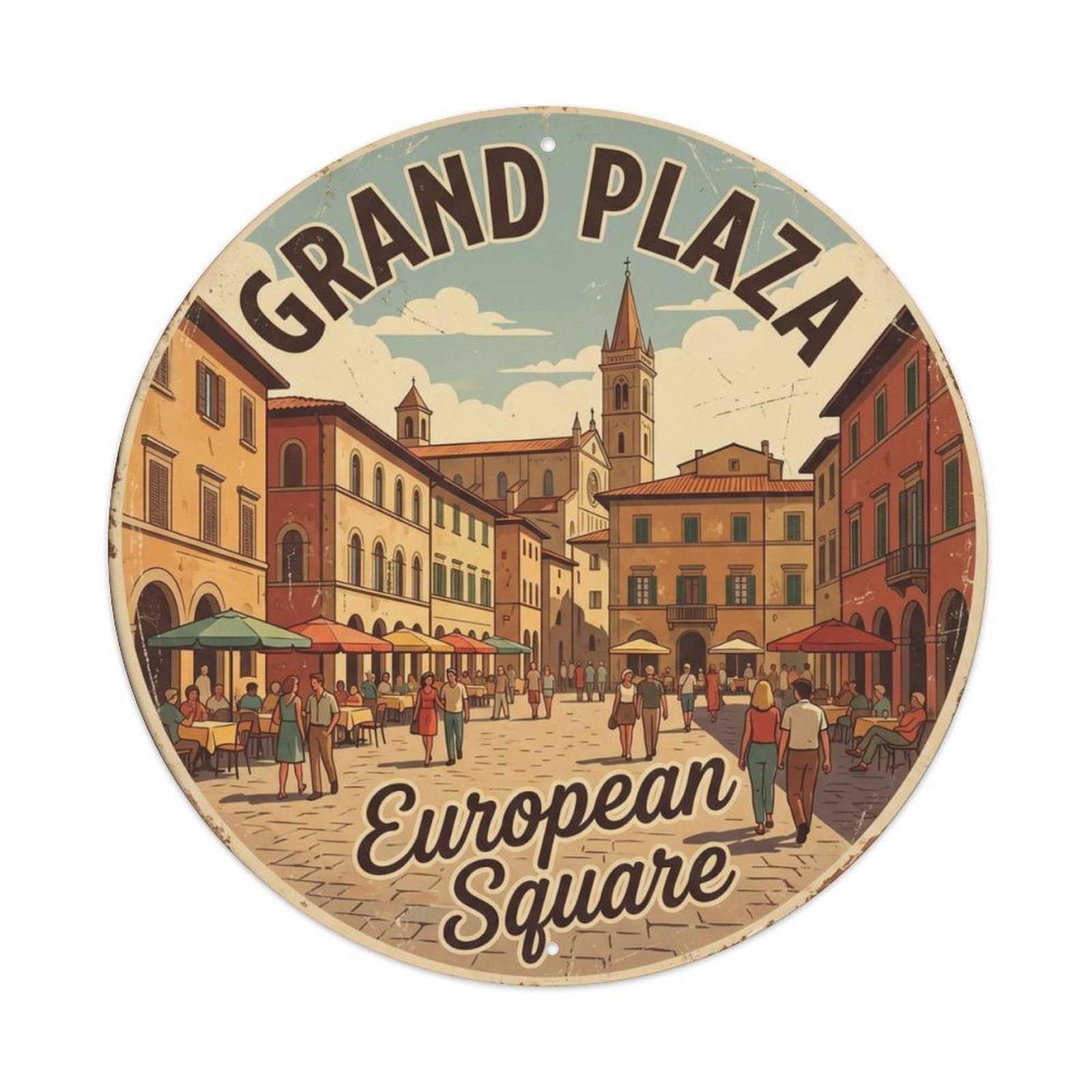 Vintage Travel Plaza European Gathering Metal Tin Sign Plaque Wall Decor for Cafe, Club Bar, Office, Home Garden Round Metal Poster 8x8Inch
