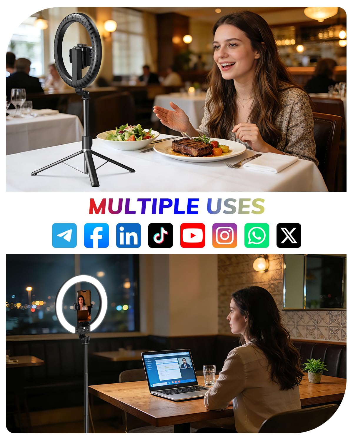 Yeaki Kit vlogging per iPhone/Android – Anello luminoso per selfie da 10 pollici con treppiede da 188 cm e supporto per telefono, treppiede per iPhone con luce e microfono, YouTube Starter Kit per
