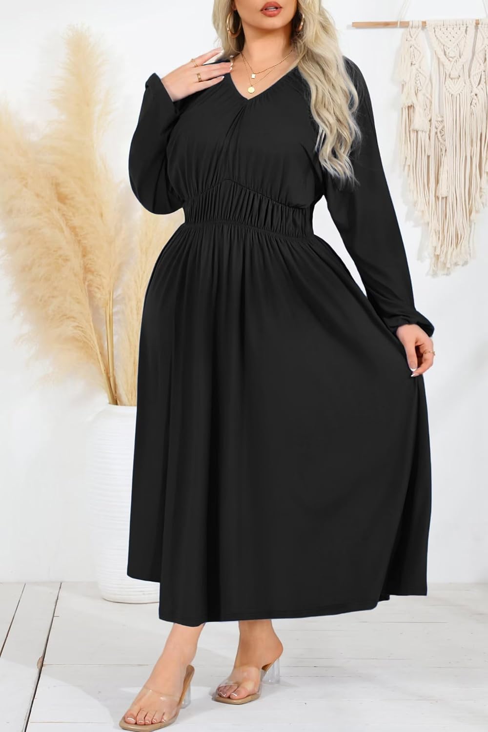EDITCOZY Women Plus Size Wedding Guest Maxi Dresses Curvy Casual Long Sleeve V Neck Flowy Fall Long Dress - Image 3