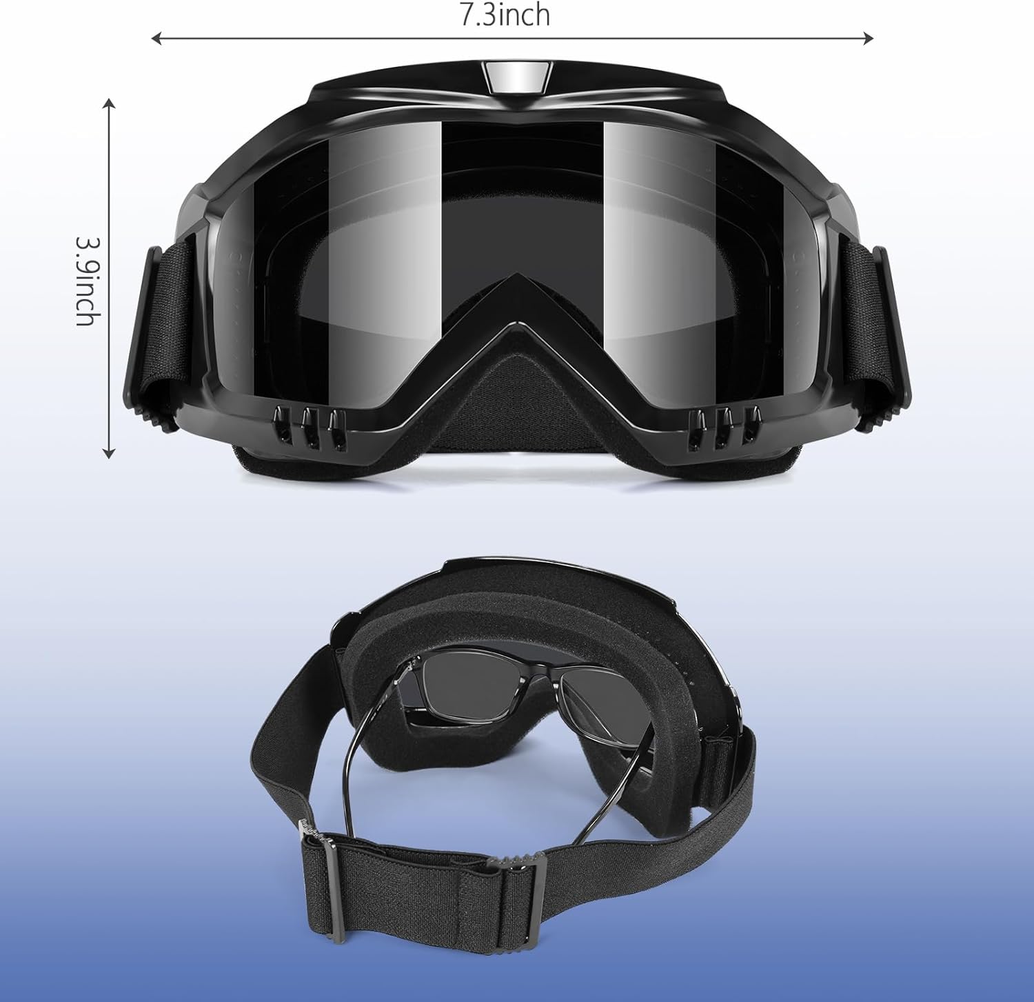 Snow motorcycle goggles, windproof glasses, wide field of view, anti fog, anti dust, 2-piece set of transparent lenses