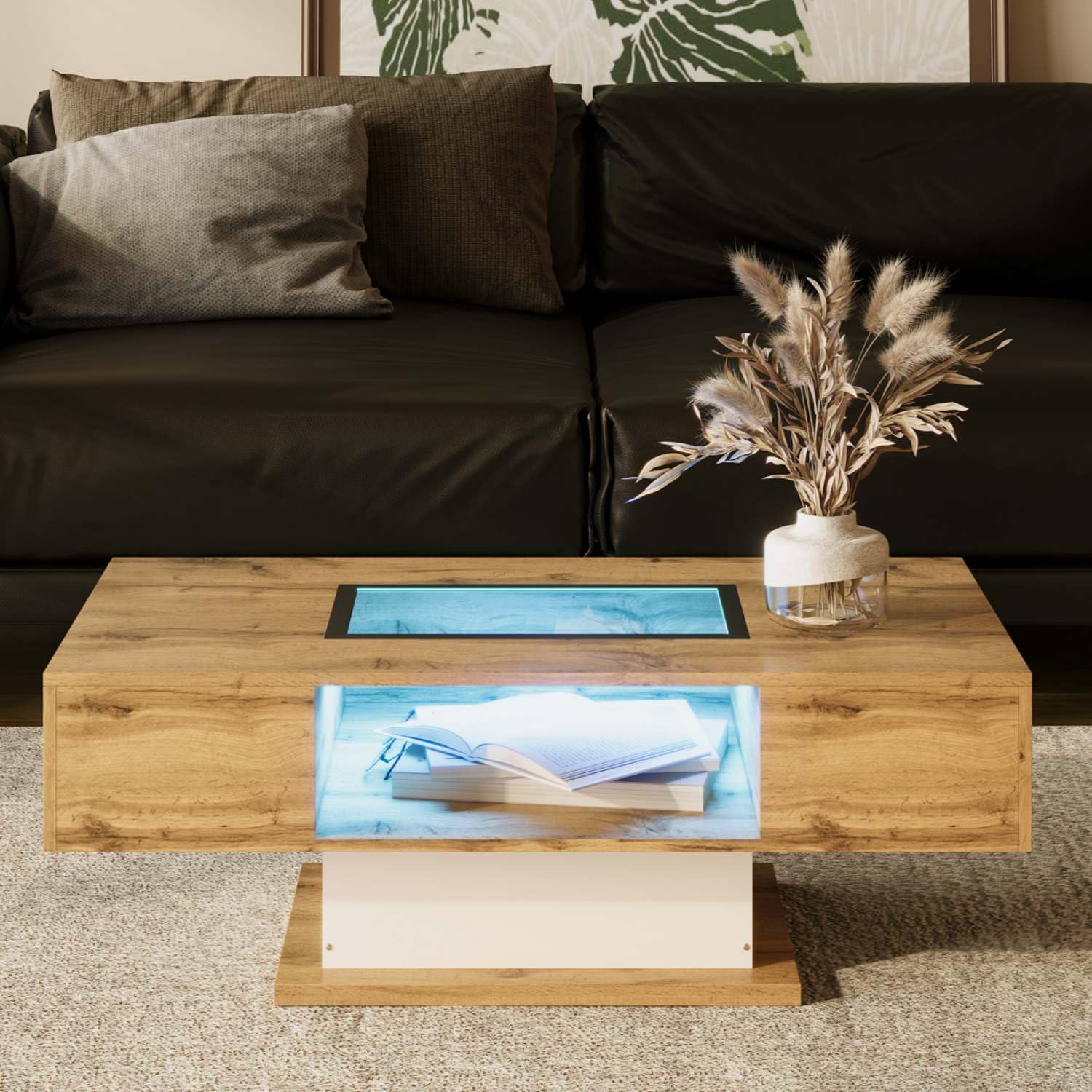 KOMHTOM Table Basse avec LED Table Basse Coffre avec 2 tiroirs et 1 Compartiment de Rangement Ouvert, Table d'appoint avec Plateau en Verre Meubles de Salon Modernes (A)