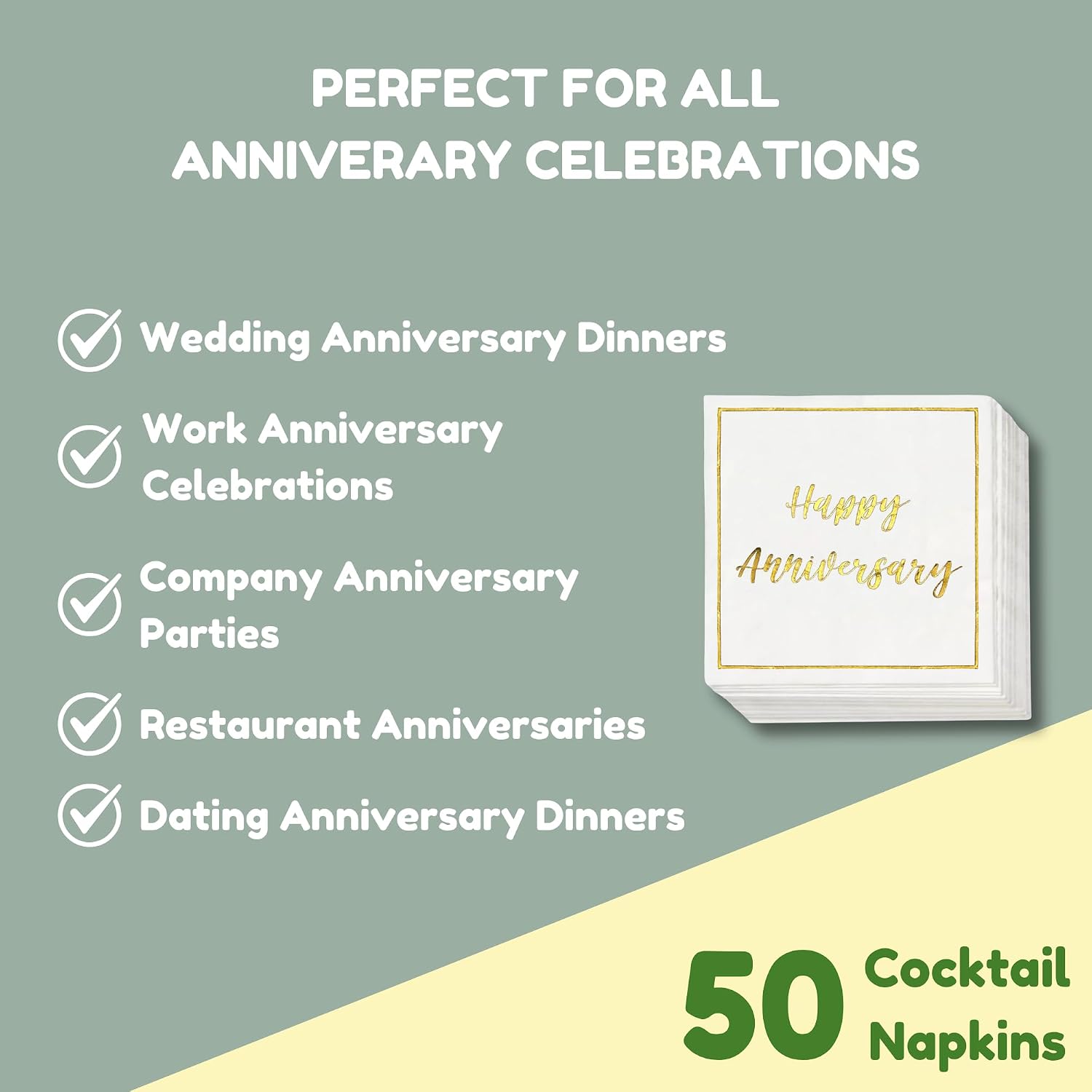 Happy Anniversary Decorations, 50 Pack, Gold Foil Cocktail Napkins, Wedding Dating Anniversaries Decorations Decor Supplies, Beverage Napkin