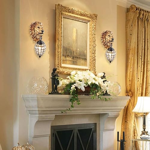 Apliques decorativos de pared con cabeza de león, apliques retro barrocos de cristal, lámparas de pared de lujo doradas para sala de estar,