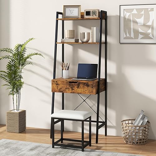 Miniatura 2 de CHARMAID Juego de escritorio de tocador de escalera  Mesa de tocador de maquillaje con espejo abatible, taburete acolchado, 4 compartimentos de