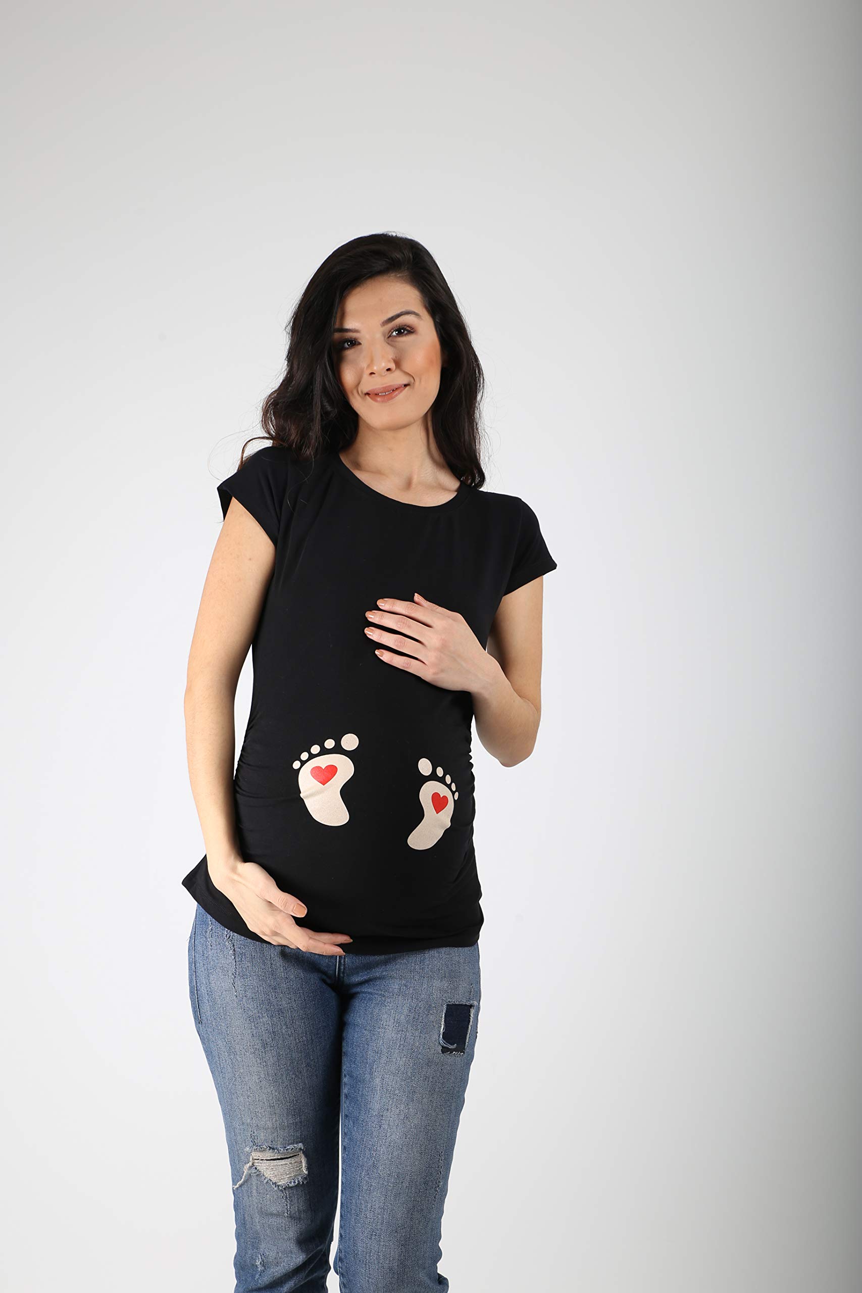 Empreintes de pieds pour bébé avec cœur - Mode de grossesse amusante et mignonne avec motif - T-shirt de grossesse pour la grossesse - Manches courtes