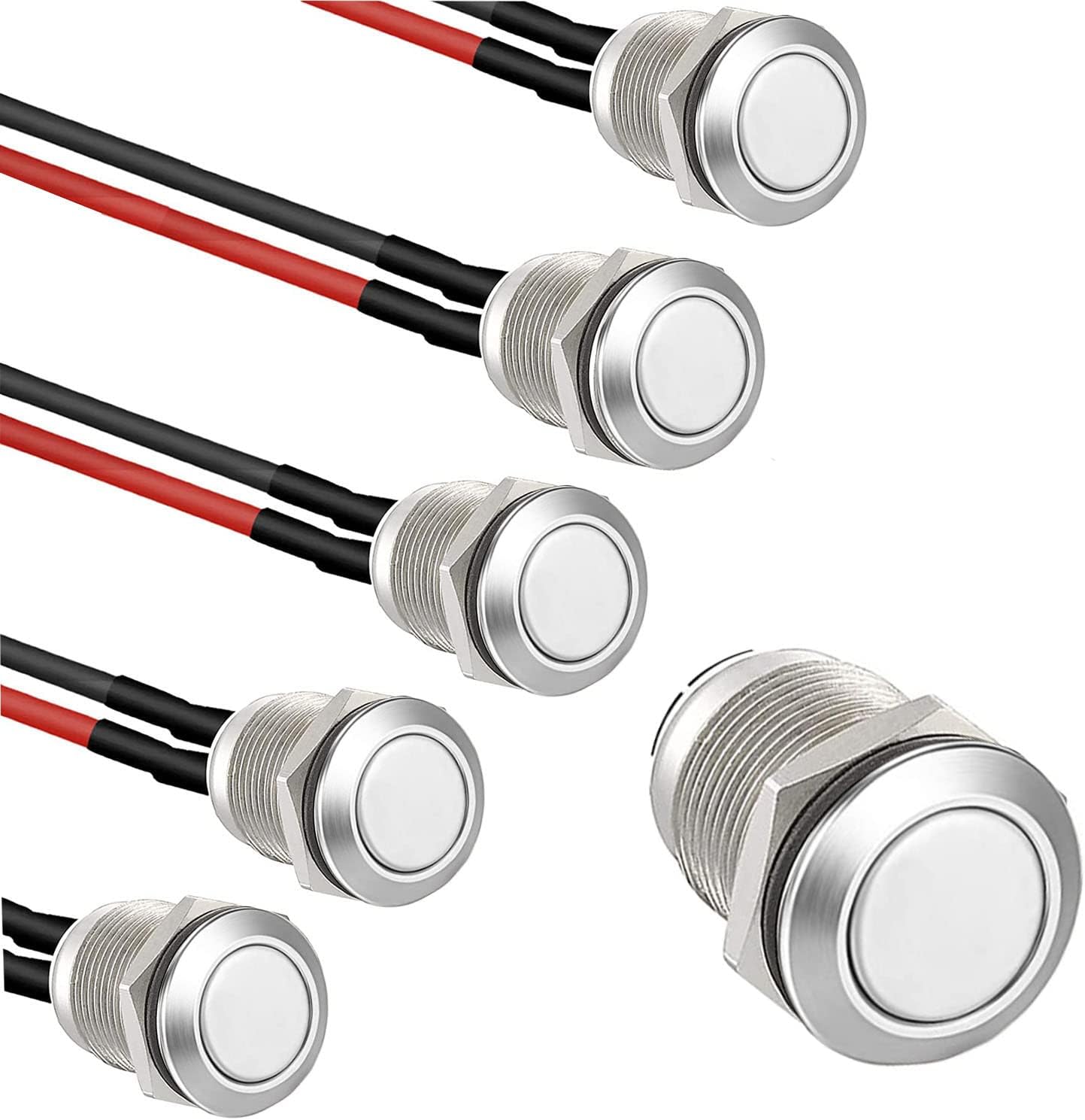 RUNCCI-YUN 5 Pieces 12 mm Momentary Push Button Switch Waterproof Push Button Switch Round Momentary Switch with Pre wiring,DIY Stainless Steel Normally Open Metal Push Start Button (Flat Head)
