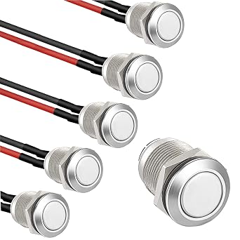 RUNCCI-YUN 5 Pieces 12 mm Momentary Push Button Switch Waterproof Push Button Switch Round Momentary Switch with Pre wiring,DIY Stainless Steel Normally Open Metal Push Start Button Flat Head