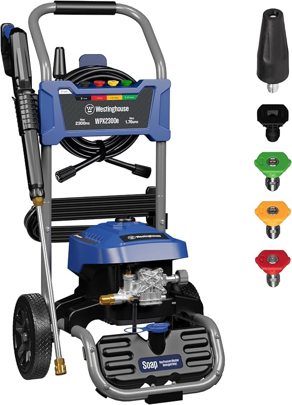 Westinghouse WPX2300e Lavadora a presión eléctrica, 2300 PSI máx. y 1,76 GPM máx., motor de inducción, tanque de jabón a bordo, pistola rociadora y varilla, juego de 5 boquillas, para automóviles/cercas/entradas/casas/patios/muebles