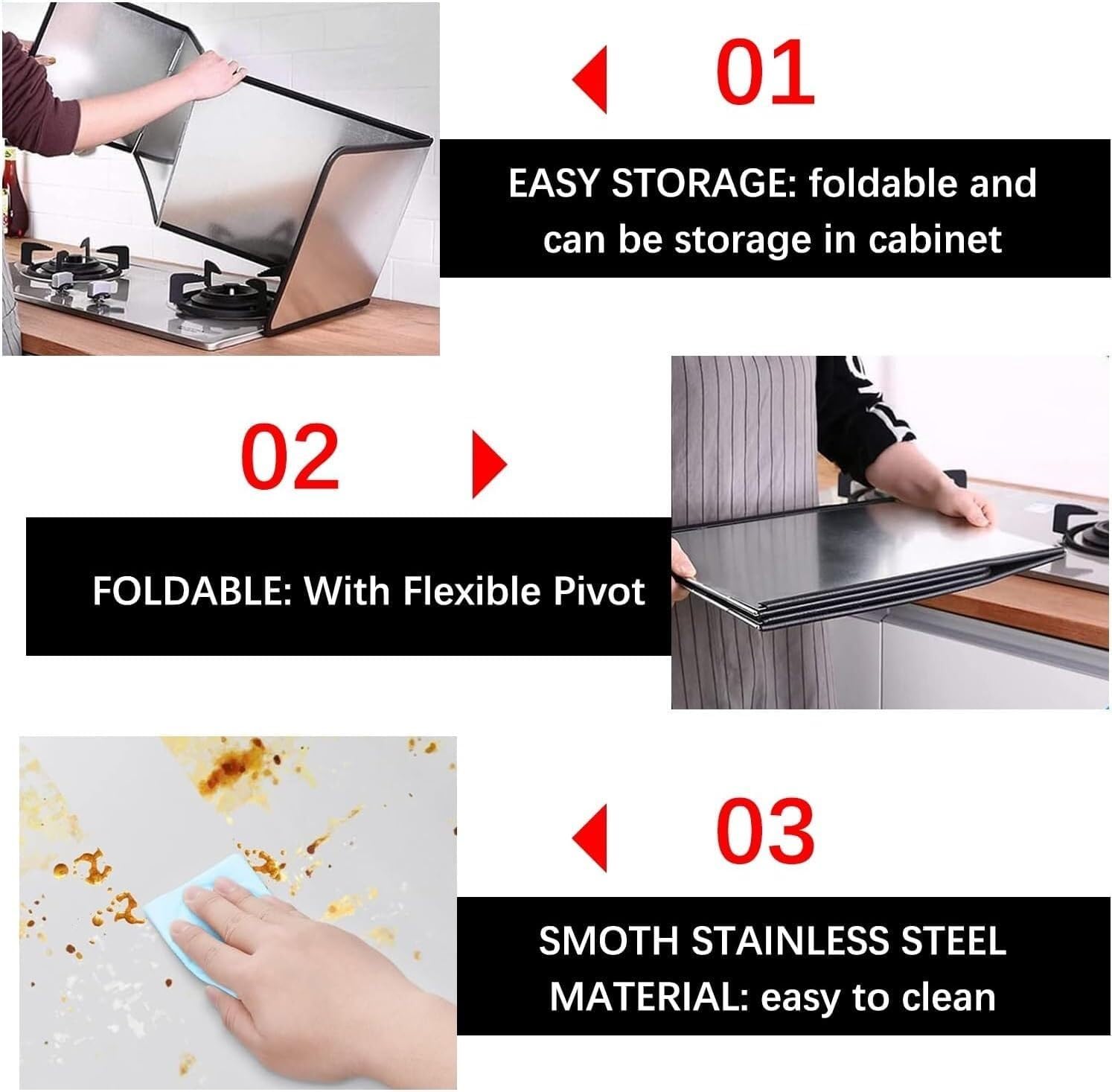 Splatter Guard for Stove Top, 4 Sided Splatter Guard, Foldable Stainless Steel Oil Splatter Screens for Frying, Nonstick Oil Stove Splash Guard, Stove Heat Insulation Board for Cooking(40x40x80cm)