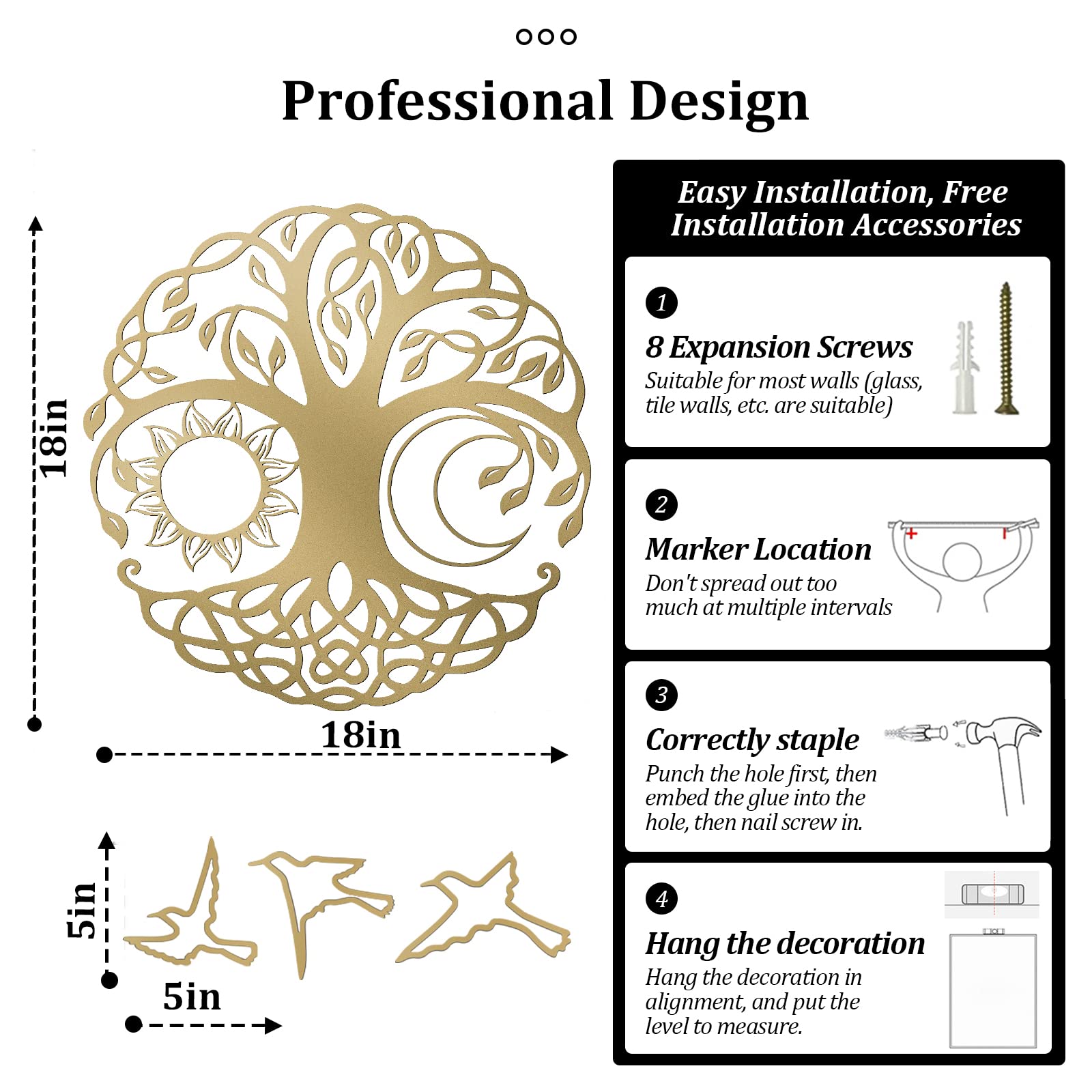 LZAOA Tree of Life Golden Metal Wall Art, 2023 Tree of Life Sun and Moon with 3Pcs Birds Golden Wall Decorative Art for Indoor or Outdoor Office Garden Home Decor (Golden 18 in)